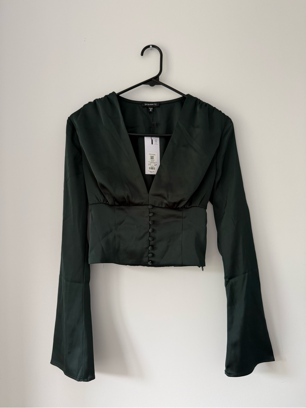 Dynamite Emerald Green Satin Button-Front V-Neck Blouse